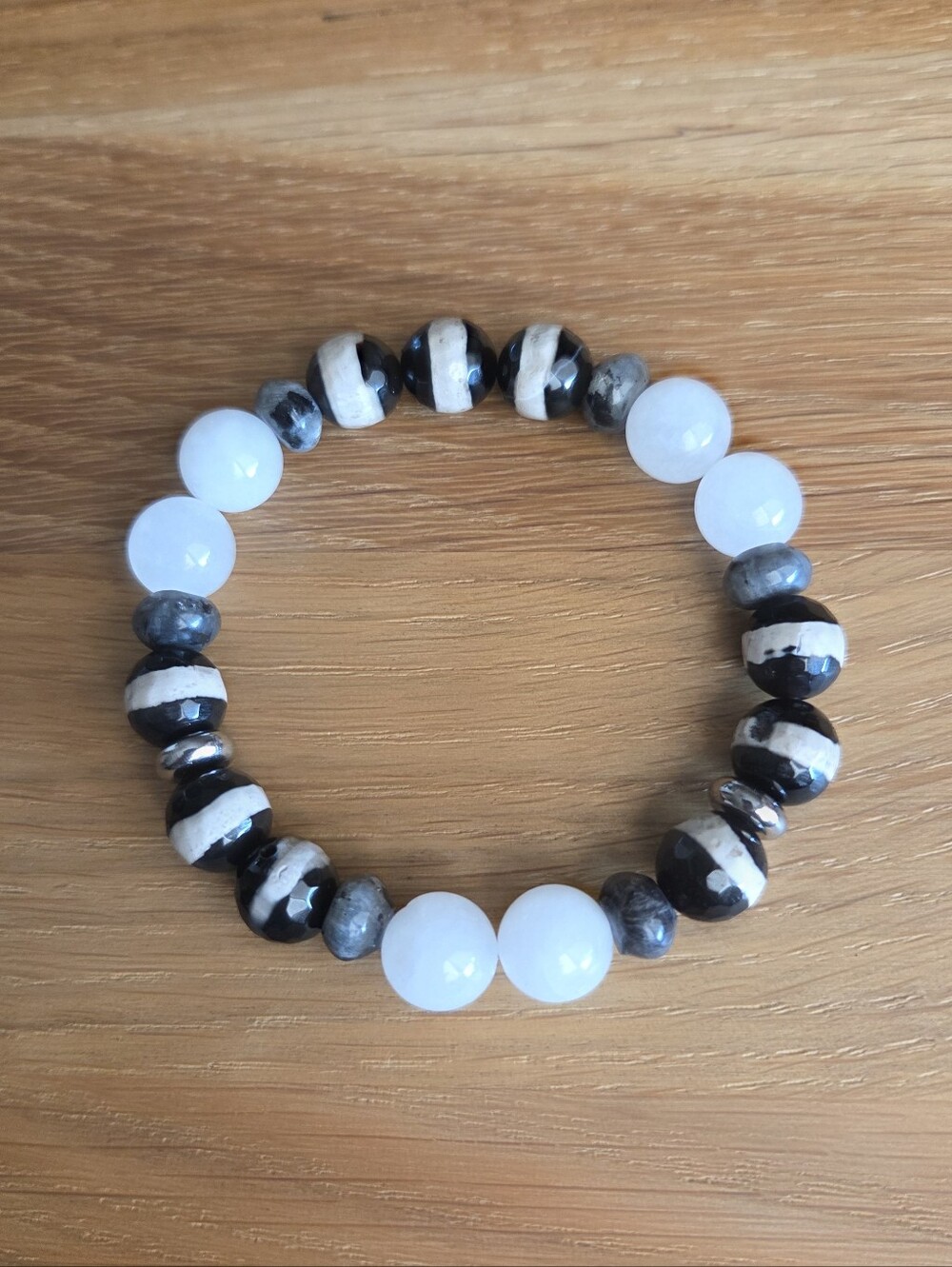 White Jade, Larvikite & Tibetan Agate Beaded Stretch Bracelet | Handmade
